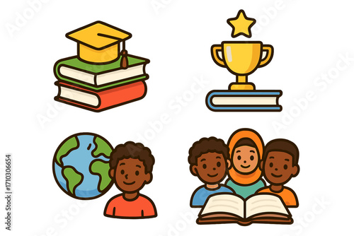 Education icon set with diverse children. Concepts of graduation, achievement, global learning, and inclusivity. Multicultural students reading a book. Vector cartoon icons.