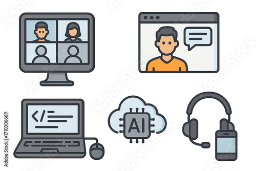 Modern office technology icon set. Remote work, virtual meetings, and AI integration concept. Vector icons for video conference, coding, and cloud computing. Online communication.