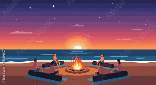 Group of friends sitting on logs around a bonfire.