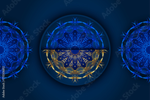 Ornate blue mandala design with gold and white floral geometry on split light and dark halves