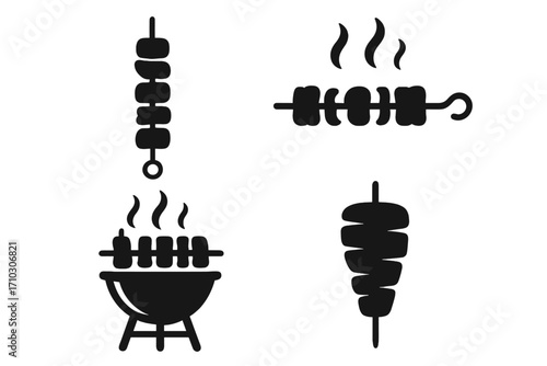 Kebab icon set vector silhouette illustration. Barbecue logo collection with shish kebab, doner, shawarma, and grill elements. Hot grilled meat food symbols on skewers.