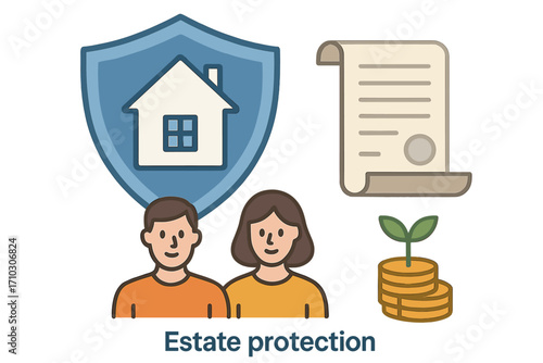 Estate protection and planning concept. Family financial security, wealth management, and inheritance. Home insurance, last will, and testament vector illustration set.