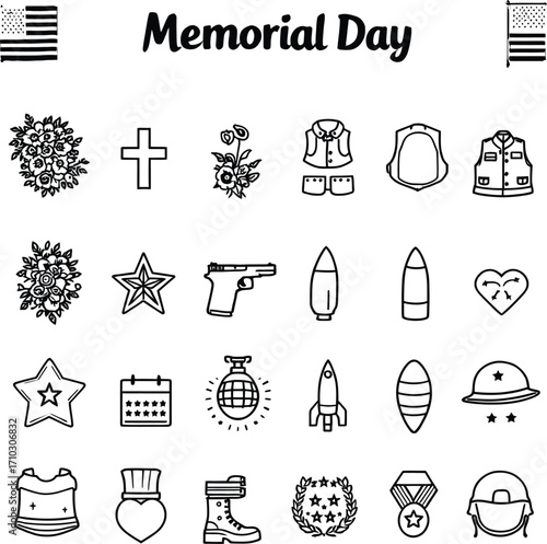 Memorial Day Icon Set – Black Silhouettes of Flowers, Flags, Helmets, Medals, Crosses & Patriot Symbols
