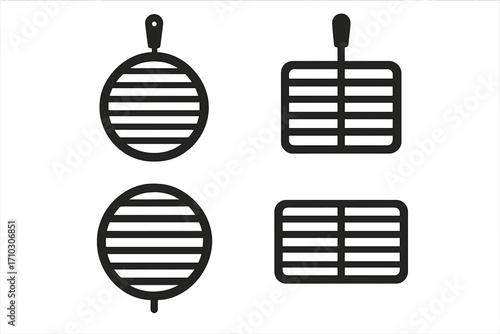 Grill grate vector icon set. Barbecue cooking equipment silhouette collection. BBQ charcoal grill top view simple symbol for summer picnic and outdoor cookout. Kitchen tool illustration.