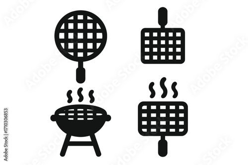 Grill barbecue icon set. BBQ silhouette symbols for summer cookout and picnic. Vector collection of charcoal grill, hot grate, and cooking basket for food preparation.