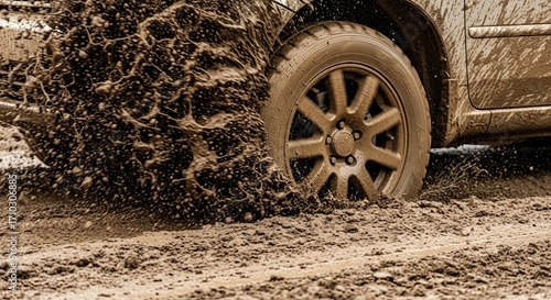 A vehicle's muddy tire spins in a dirt track, showcasing off-road capability.