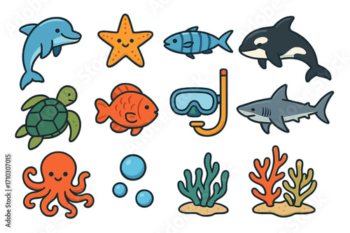 Cute marine life icon set. Cartoon sea animals collection. Vector illustration of ocean creatures: dolphin, shark, turtle, octopus, orca whale, starfish, fish, coral, snorkel.