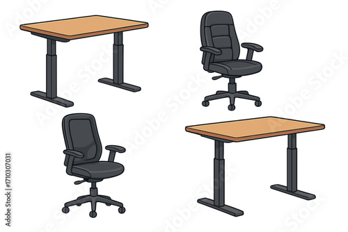 Modern office furniture set for comfort and productivity. Vector illustration of ergonomic chair and adjustable height sit-stand desk. Healthy workspace and good posture concept.