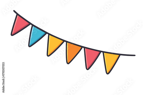 Party flags bunting garland. Celebration decoration. Birthday party cartoon vector. Festive pennant banner for carnival, holiday, event. Colorful flat design element. Isolated.