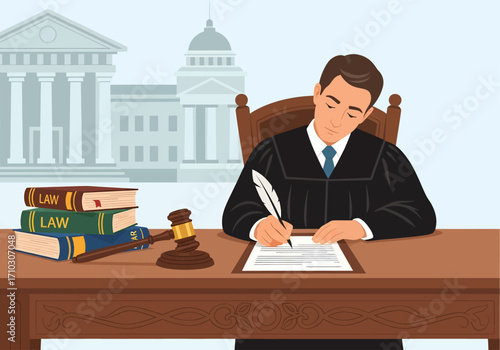 A judge in a black robe sits at his desk with a gavel and law books, thoughtfully composing a legal document with a traditional quill pen.