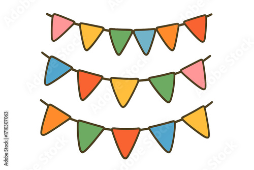 Colorful party flags bunting set. Garland for celebration, birthday, festival, carnival decoration. Holiday event hanging pennants. Flat cartoon vector illustration isolated.
