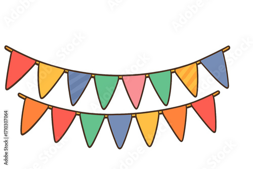 Festive party flags garland vector illustration. Colorful bunting decoration for birthday, holiday, carnival, and fair. Cartoon-style pennant set on a string. Isolated element.