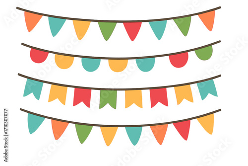 Colorful party flags bunting garland set. Vector illustration of hanging pennants for birthday, festival, carnival celebration. Flat cartoon decorative elements collection.