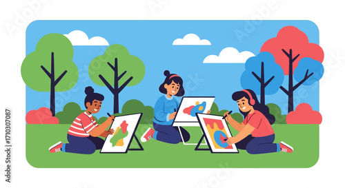 group of girls painting outdoors.