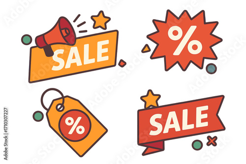 Sale promotion vector icon set. Flat cartoon illustration of discount offer banners, price tags, and percent stickers. Megaphone announcement graphic for marketing and advertising.