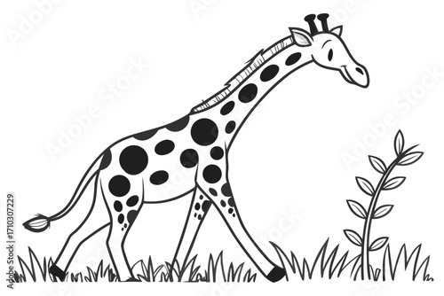 Cute cartoon giraffe walking in grass with a plant