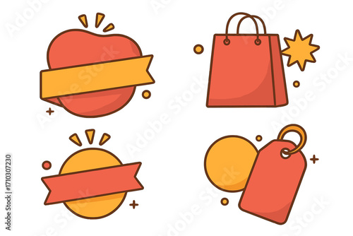 Sale promotion template set. Vector cartoon icons for marketing. Flat design badges, labels, and stickers for discount and special offer. Shopping bag, heart and price tag.