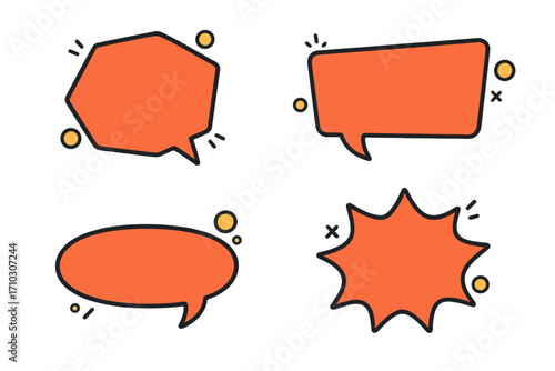 Promotion template with orange speech bubble banners, vector cartoon illustration with transparent background, set of various comic style conversation bubbles, communication design elements