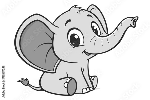 Cute baby elephant sitting with trunk raised and a happy expression