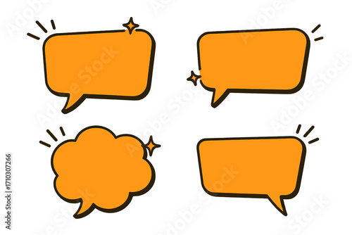 Colorful orange speech bubbles collection, cartoon vector promotion template with transparent background, comic style dialogue banners, chat message frames, communication design elements