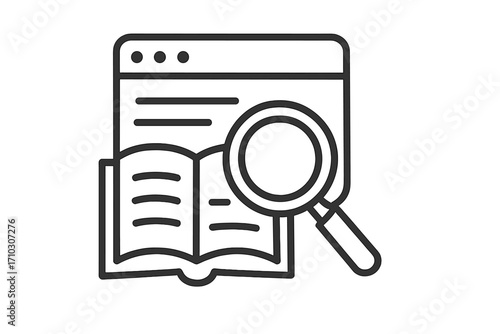 Research icon with magnifying glass and book, website symbol, linear style vector illustration, data analysis concept, online study, transparent background