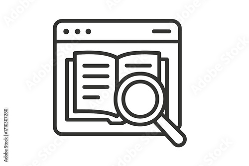 Research icon with magnifying glass over open book, website symbol, linear style vector illustration, online education, knowledge search, transparent background, digital library concept