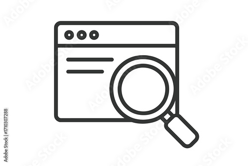 Research icon website symbol with magnifying glass. Linear style vector cartoon illustration with transparent background. Search engine concept. Data analysis tool design.