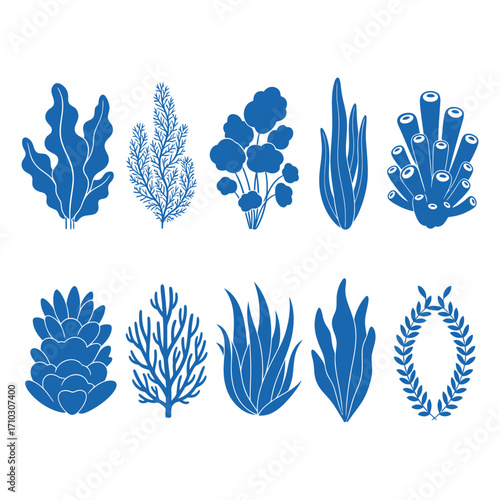 Blue Marine Plants Vector Illustration Seaweed, Coral, and Algae