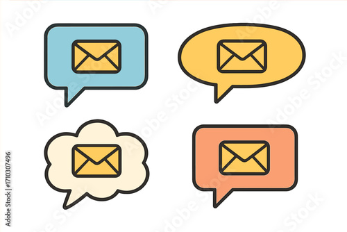 Colorful speech bubble banners with message envelope icons, flat style vector cartoon illustration set, communication symbols, social media chat, transparent background
