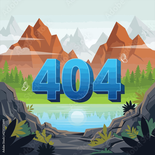 Creative 404 error page not found concept with large blue numbers set against a scenic mountain landscape with a tranquil lake and forest vector
