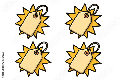 Speech bubble icon set promotional banner vector illustration, cartoon style, transparent background, advertising tags, marketing design elements, sale labels, discount symbols, four-piece collection