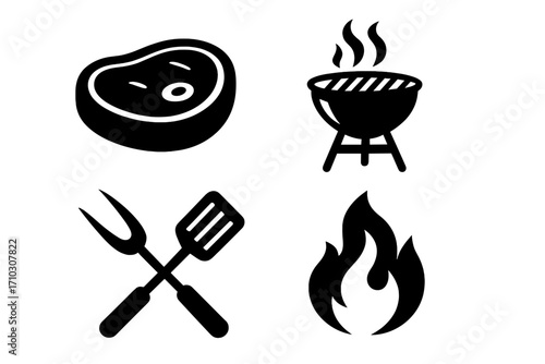 Black silhouette steak icon, barbecue grill logo, grill tools fork and spatula, campfire flame vector set, BBQ cooking illustration with transparent background