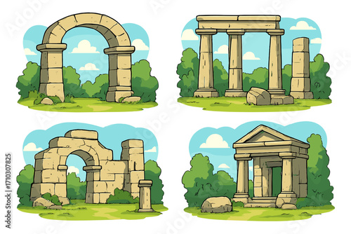 Ancient stone ruins and structures in lush green landscape, daylight illustration, old historic architecture, broken pillars, arches, ancient columns, nature background, vector cartoon