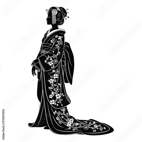Vector silhouette of a Japanese geisha wearing a traditional floral kimono. A graceful black and white graphic illustration of Asian cultural art