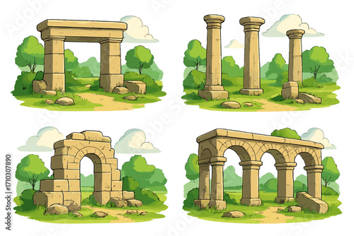 Ancient stone structures and ruins with arches and columns in lush green landscape during daylight, old architecture, historical heritage, archaeological site vector illustration