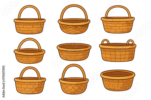 Stylized vector illustration of various wicker basket designs arranged in a grid layout. Cartoon style basket collection with different shapes and handles, natural woven texture, isolated on white