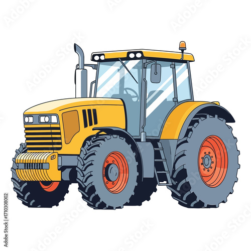 Modern yellow agricultural tractor illustration, a robust farm machinery vehicle for agricultural cultivation and land work, isolated vector graphic on a white background