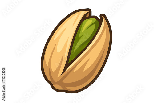 Peel of a pistachio nut with green kernel, cartoon style vector illustration on white background, detailed shell texture, isolated clip art for food design, healthy snack concept