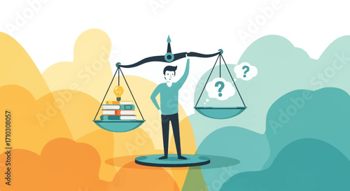 Man balancing books on a scale against question marks representing uncertainty.