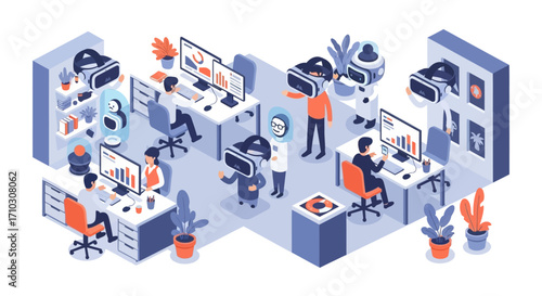 Isometric VR Development Lab with Developers and Robots.