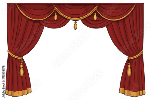 Elegant red theatre curtains border with golden tassels and trim, decorative velvet opera stage drapes, classic vintage stage curtains vector illustration with transparent background in set