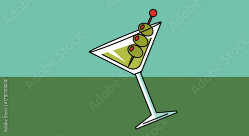 Martini glass with olives and cocktail stick.