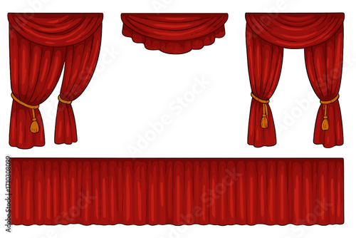 Red velvet theatre curtains and opera stage drapes border set, realistic style, elegant vintage stage decoration with gold tassels, theatrical fabric vector illustration, transparent background