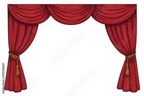 Realistic red theatre curtains frame with decorative stage cloth, elegant draped curtains tied with tassels, classic vintage stage decoration, vector cartoon illustration with transparent background