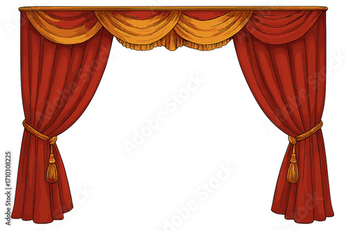 Red Theatre Curtains Frame with Gold Drapes, Decorative Stage Cloth, Realistic Vector Illustration with Transparent Background, Classic Curtain Design for Theatre, Cinema, Performance