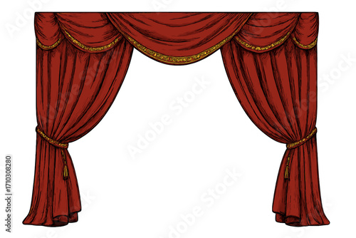 Classic red velvet theatre curtains frame with golden trim, elegant stage drapes, opera house decoration, vintage style scalloped swag curtains, transparent background vector illustration