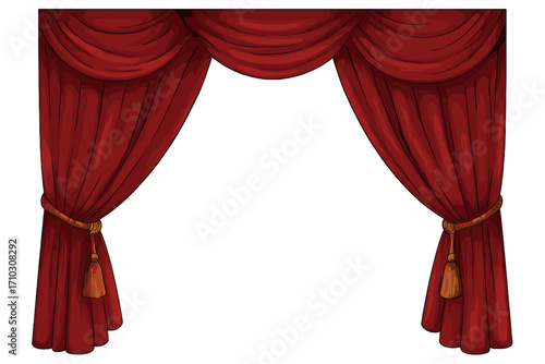 Realistic Velvet Theatre Curtains Frame with Tassel Tiebacks, Opera Stage Drapes Vector Illustration, Red Classic Curtain Design, Isolated Transparent Background, Decorative Theatre Interior