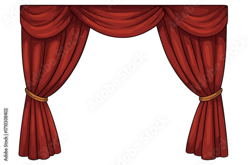 Realistic red theatre curtains frame with draped swag and tied back panels, vector cartoon illustration with transparent background, stage decoration and performance design
