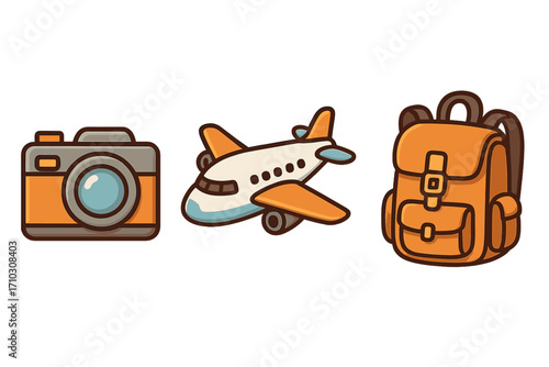 Travel icons set including camera, airplane, and backpack for adventure lovers. Cartoon vector illustration with transparent background. Travel equipment and vacation essentials.