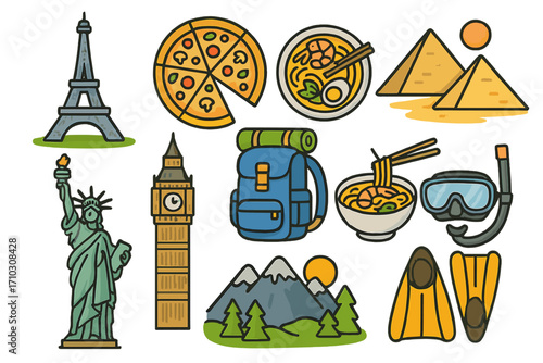 Travel symbols with iconic landmarks, global cuisine dishes, outdoor adventure gear, exploration elements, tourist attractions, and activity icons, colorful vector cartoon set